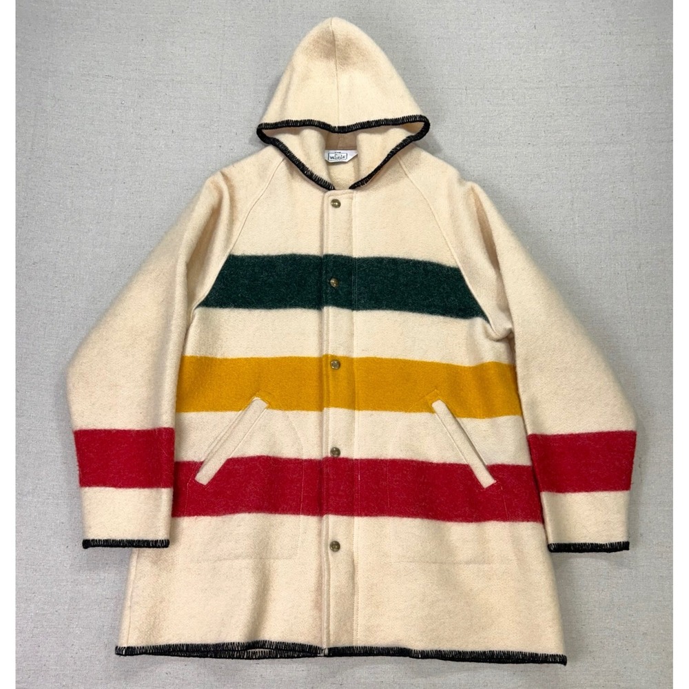 Vintage Woolrich Woman's Large Wool Blend Hooded Stripe Coat Multi Color USA - Picture 2 of 8